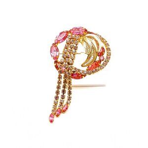 Vintage Pink Rhinestone & Gold Tone Brooch Pin with Dangling Chains, High End